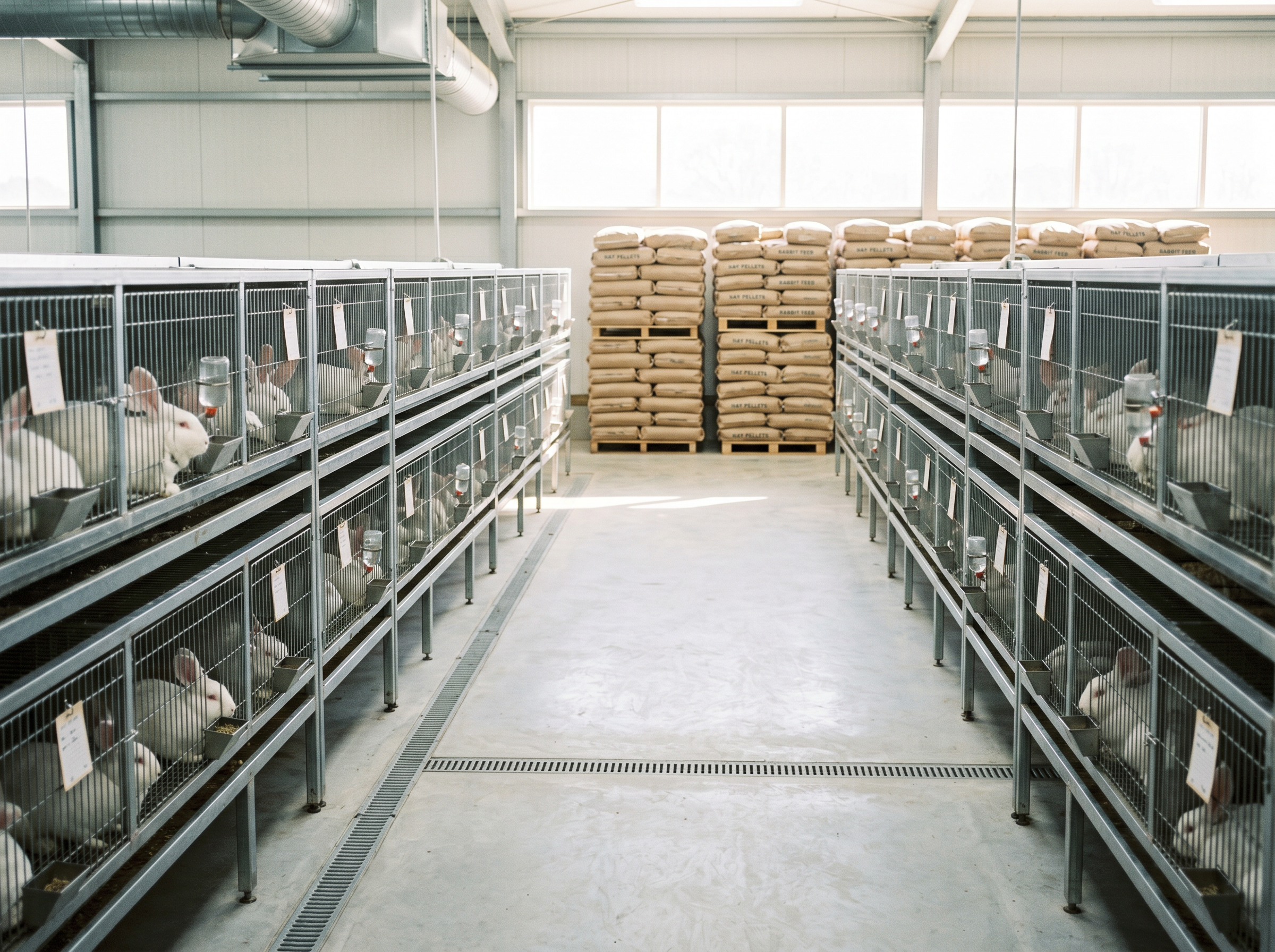 Commercial rabbitry with stacked Ametza pellet sacks and automatic feeders