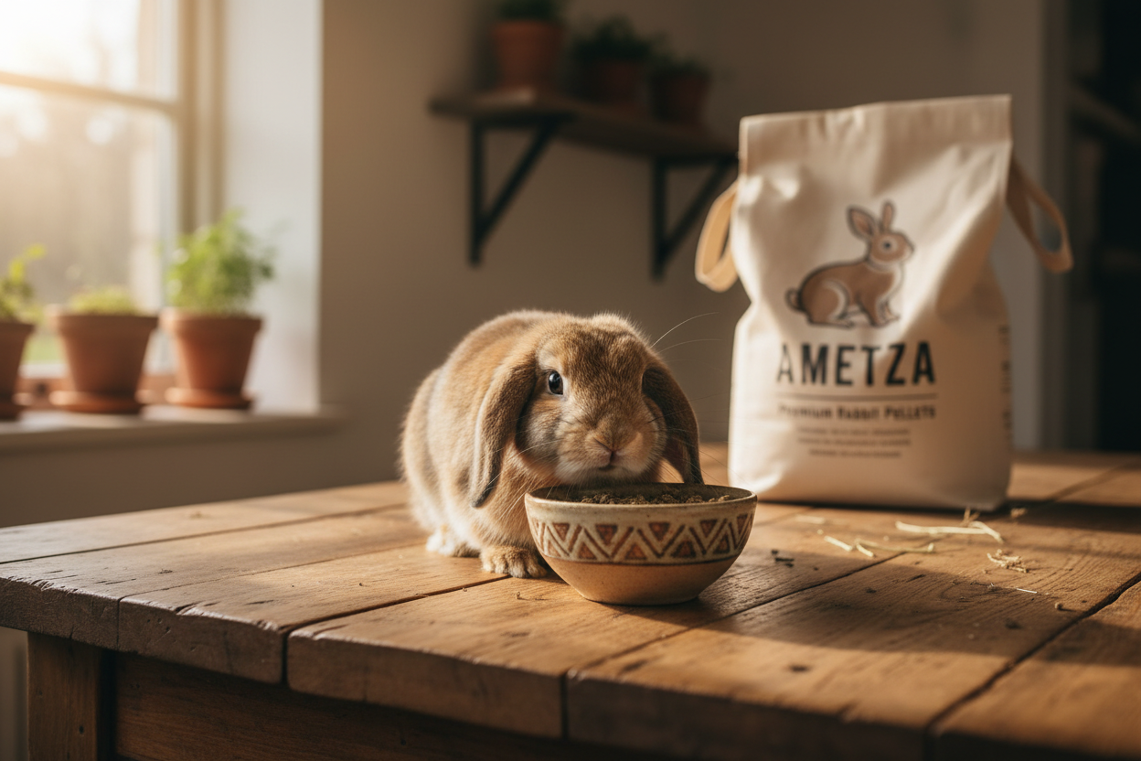 Holland Lop rabbit eating Ametza alfalfa pellets from a ceramic bowl
