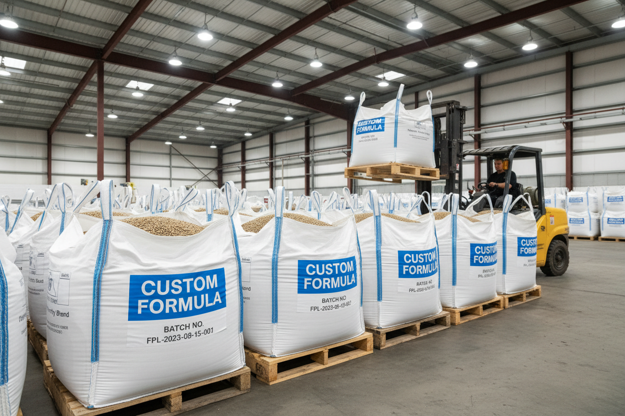 Warehouse with pallets of custom-labeled forage pellet totes and forklift moving product