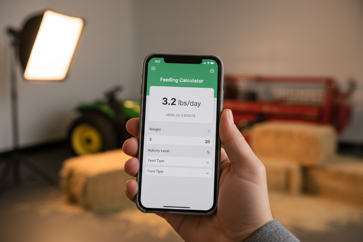 Close-up of feeding calculator on smartphone showing 3.2 lbs per day for a herd of 5 goats