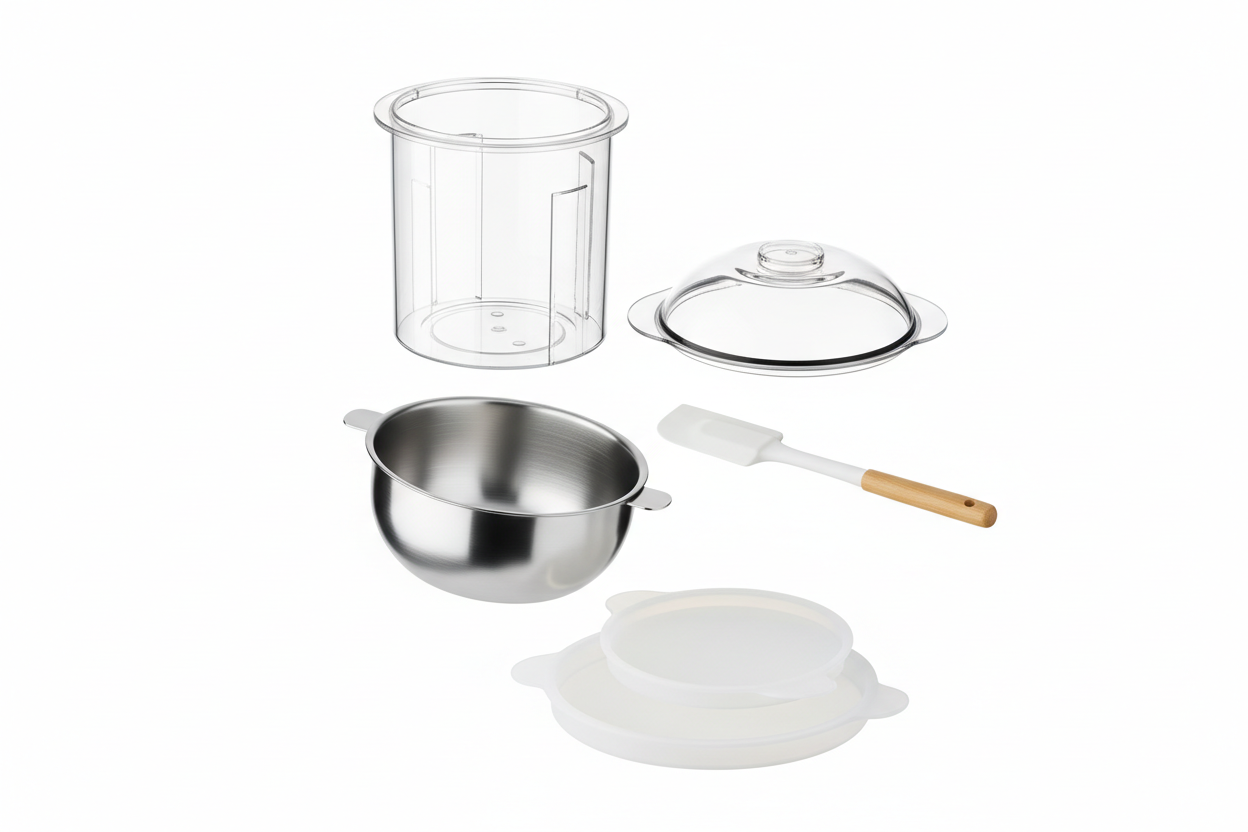 Exploded view of rehydrator components including outer jacket, inner bowl, lid, and accessories on white background