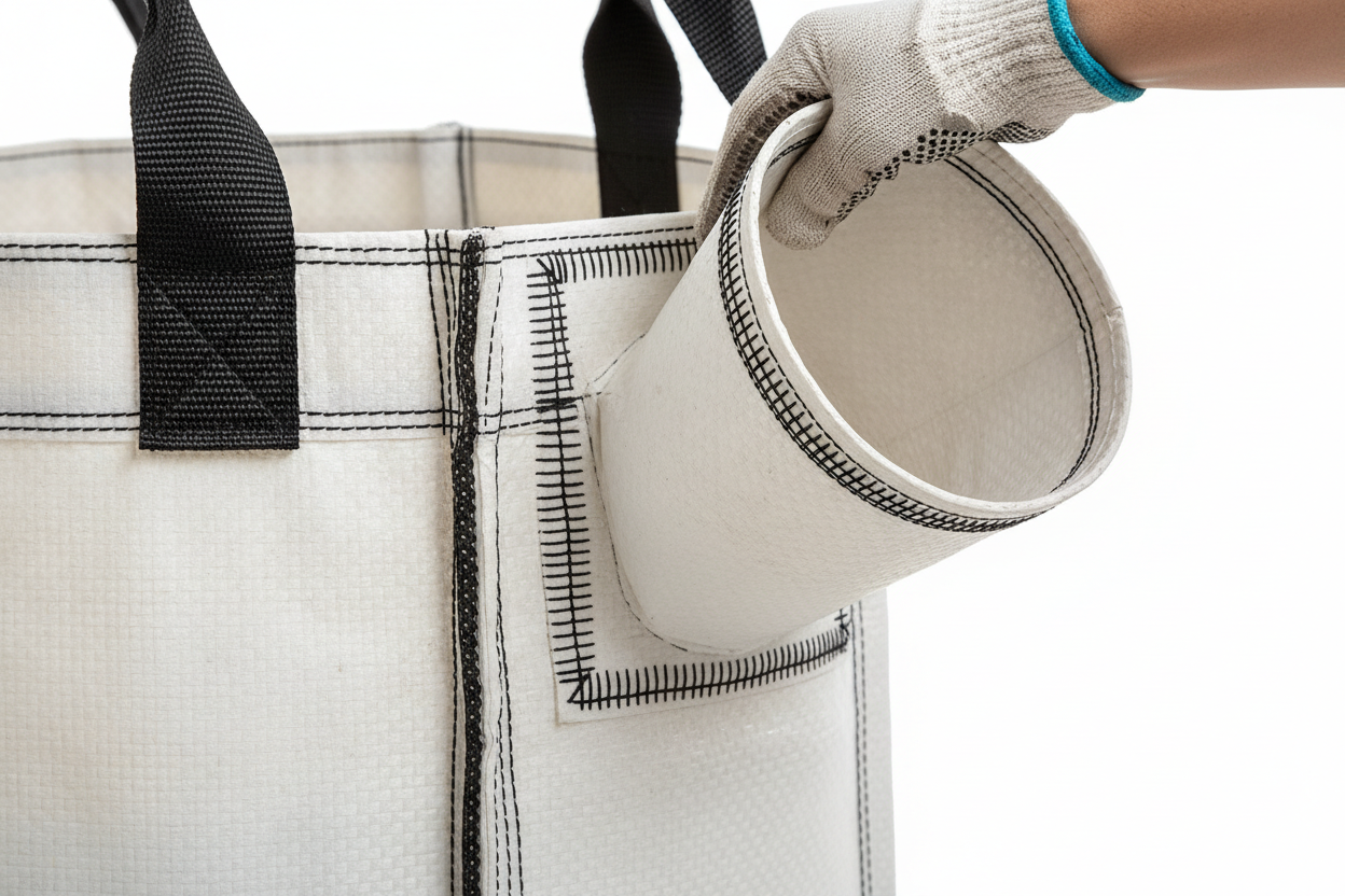 Close-up of Barn Master tote pour spout and reinforced stitching detail