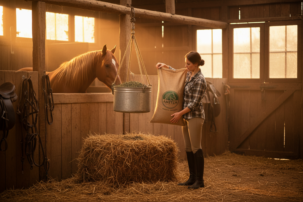 Horse owner pouring Ametza timothy pellets into a hanging feeder in a barn at golden hour