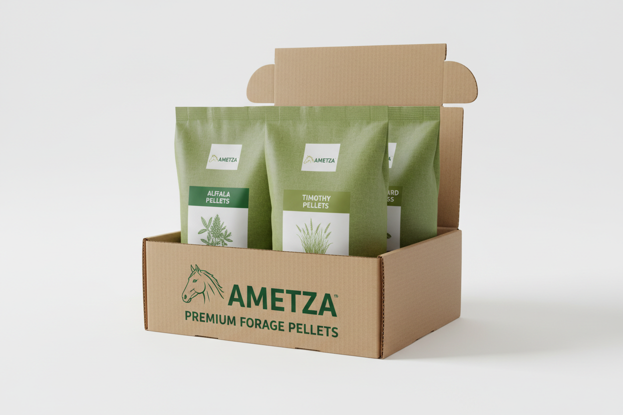 Ametza Forage Pellet Variety Pack packaging mockup in branded display box