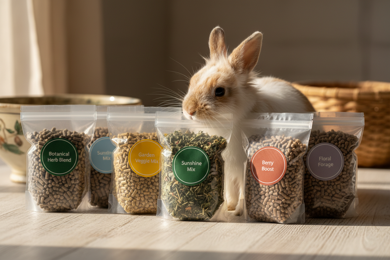 Five small pellet sampler bags in a fan pattern with a rabbit sniffing the open Botanical Herb Blend bag