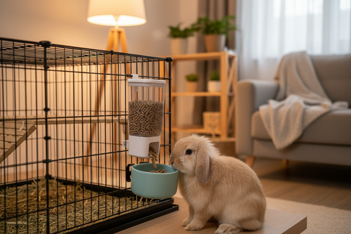 Ametza automatic pellet dispenser mounted to rabbit cage wire with pellets falling into bowl and rabbit eating