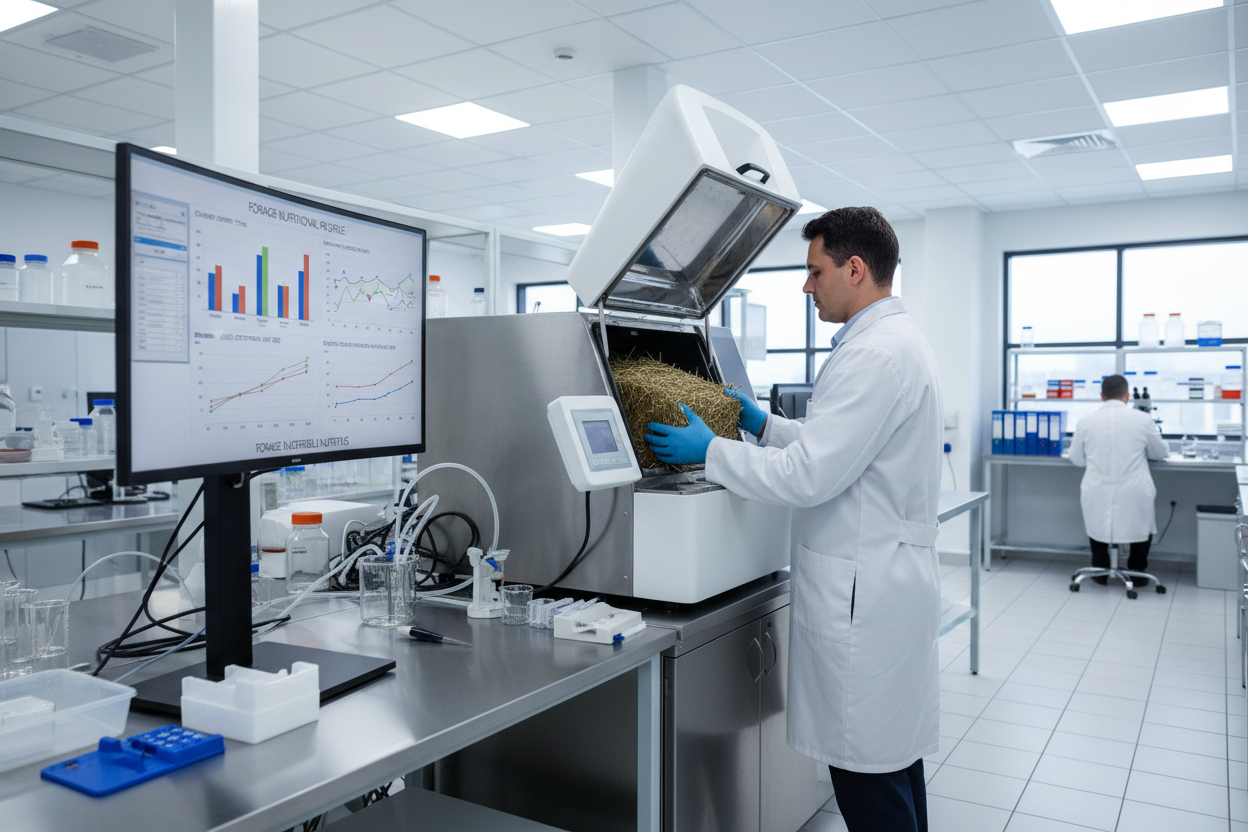 Laboratory technician placing hay sample into testing equipment with nutritional analysis graphs on monitor