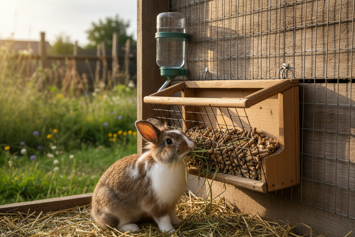 Rabbit hutch with hay feeder and water bottle assembled, rabbit eating