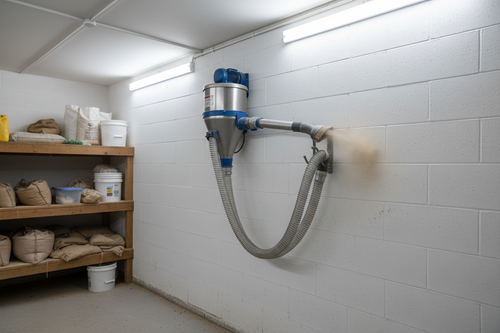 Ametza dust extractor mounted on feed room wall with hose coiled on hook and dust being vacuumed from shelf
