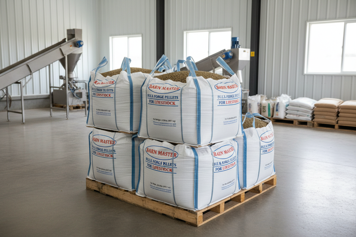 Stack of five Barn Master totes on a pallet in a clean feed room