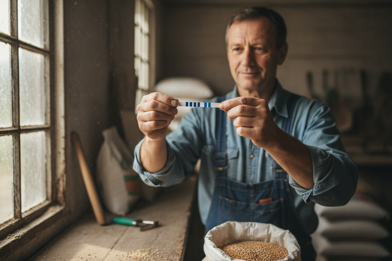 Farmer checking a test strip result in a feed room with natural window light
