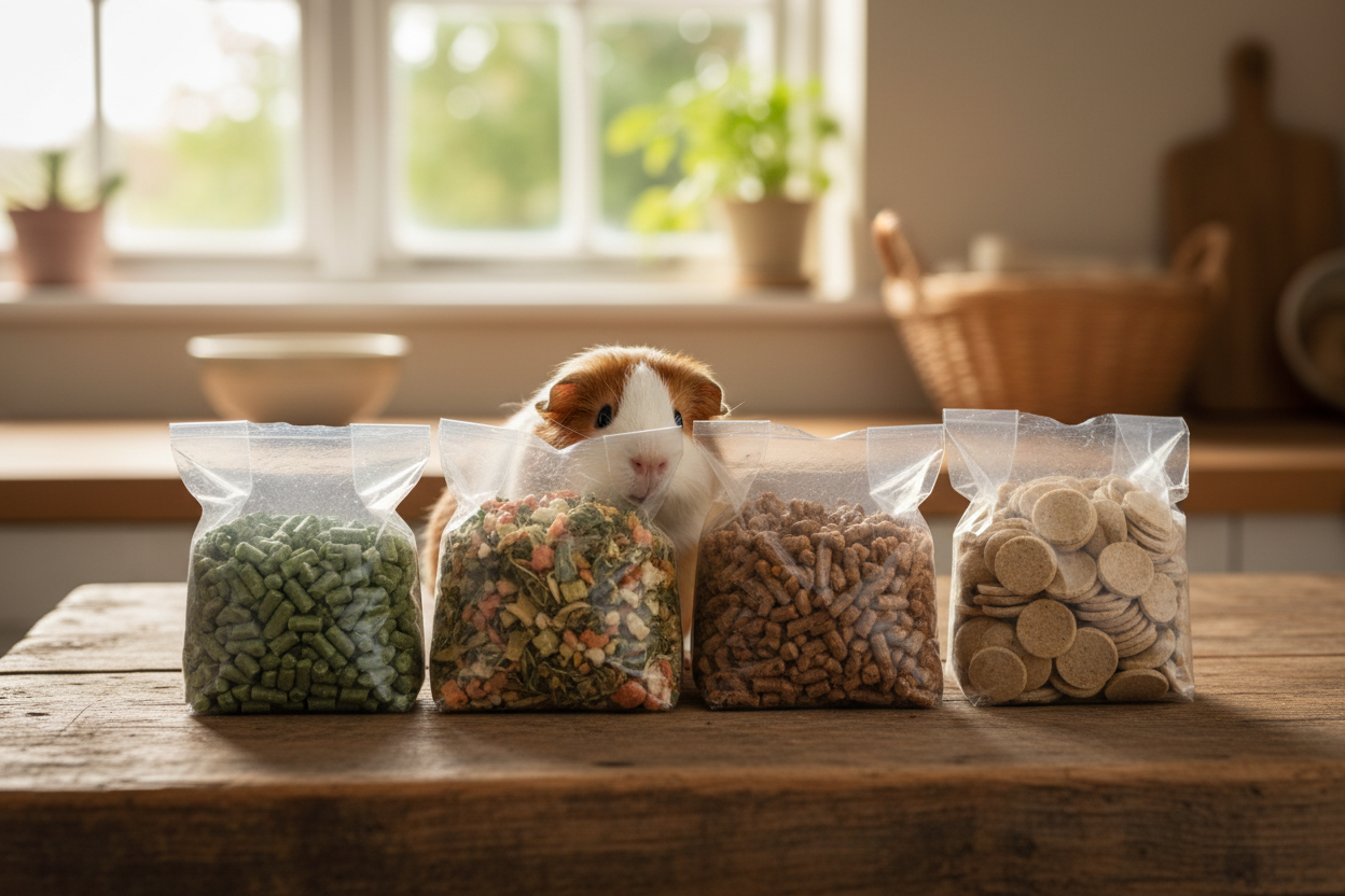 Opened Ametza variety pack bags with guinea pig sniffing pellets