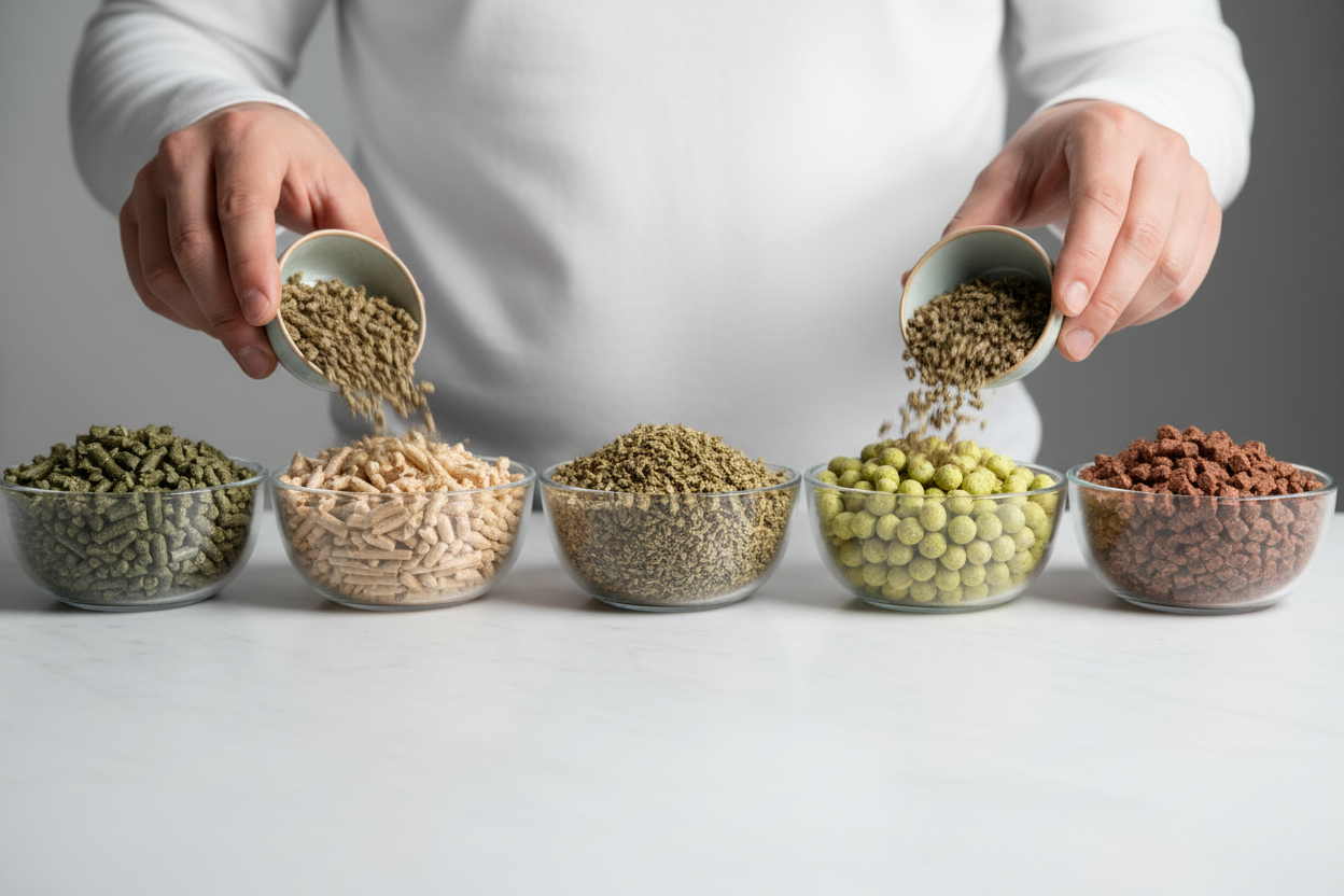 Hands pouring five different pellet types into small glass bowls showing varied colors and textures