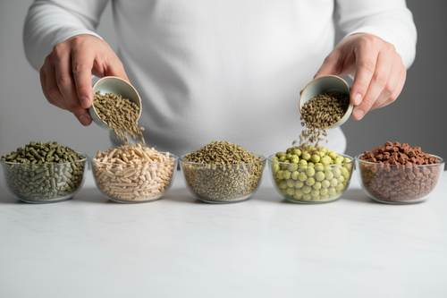 Hands pouring five different pellet types into small glass bowls showing varied colors and textures