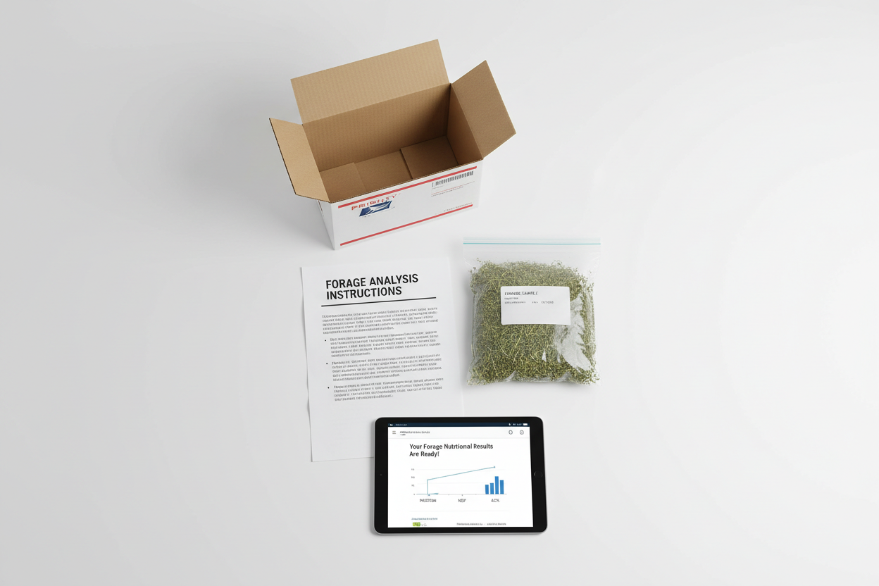Flat lay of forage analysis kit components including instructions, sample bag, pre-paid shipping box, and tablet showing results