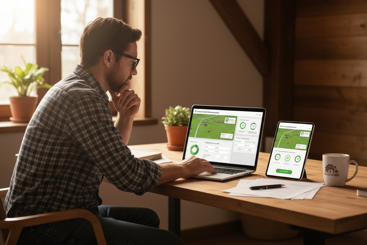 Farmer at office desk viewing Ametza herd management dashboard on laptop with mobile view on tablet beside it
