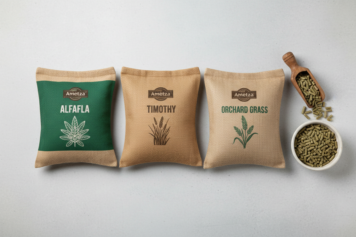 Flat lay of three Ametza forage pellet bags with wooden scoop and ceramic bowl