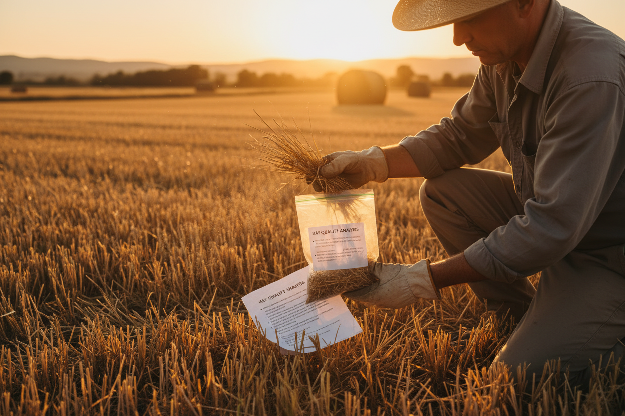 Farmer collecting a hay sample with gloved hands in a hayfield at golden hour with sample bag and instructions visible