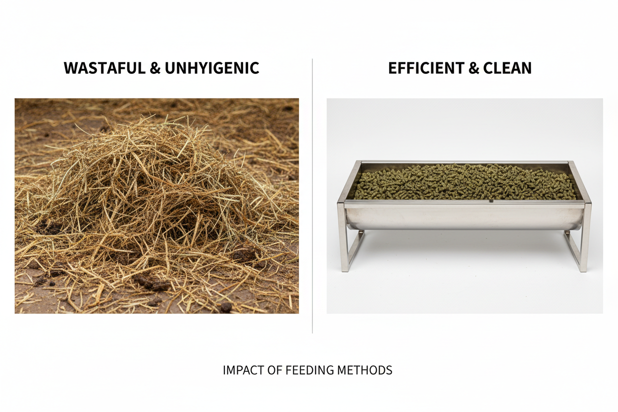 Split-screen comparison of loose hay waste vs clean pellet feeder