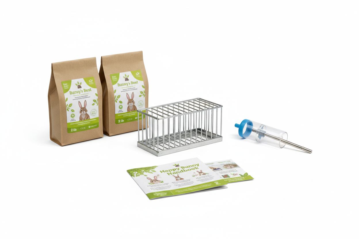 Flat lay of complete Ametza rabbit care bundle components on white background