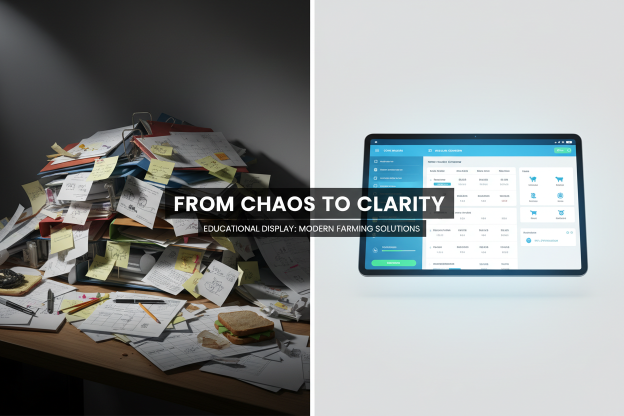 Split-screen comparing paper animal records on left versus clean digital herd management dashboard on right