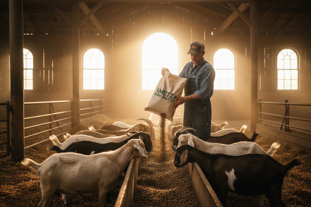 Farmer pouring Ametza Barn Master pellets into a trough with goats gathered around in a commercial barn