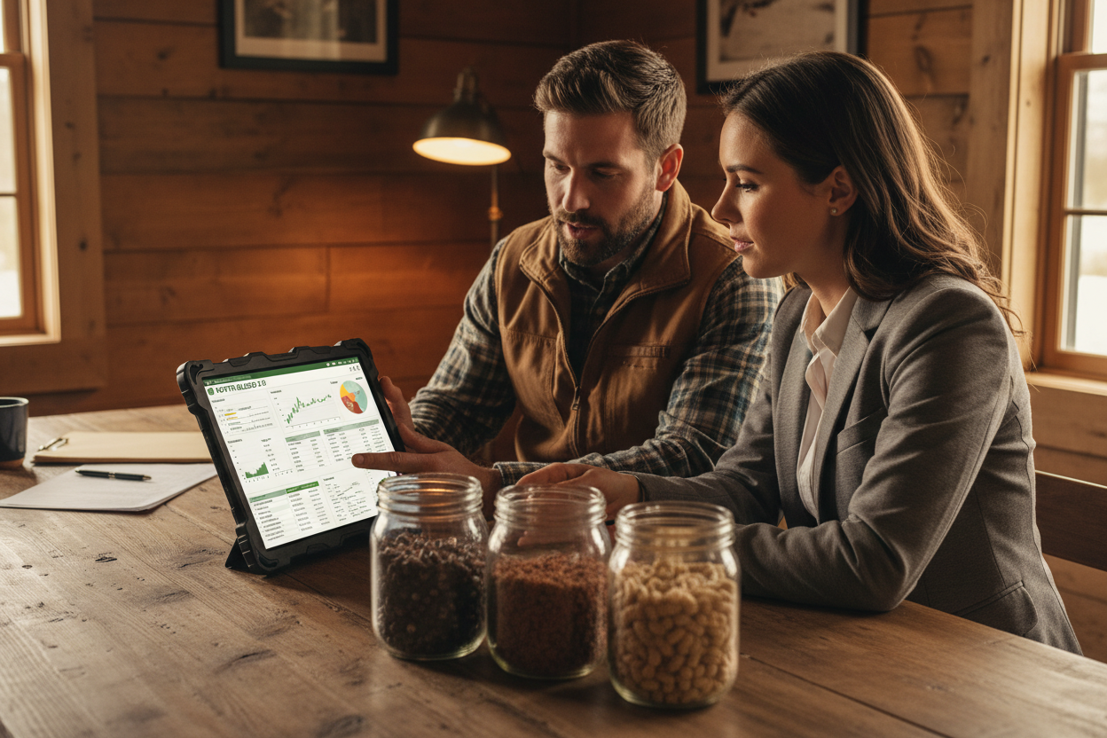 Farmer and veterinarian reviewing feed formulation software on tablet with pellet samples in glass jars