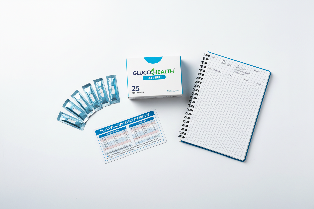 Flat lay of 25-pack test strip box, strips, reference card, and logbook on white surface