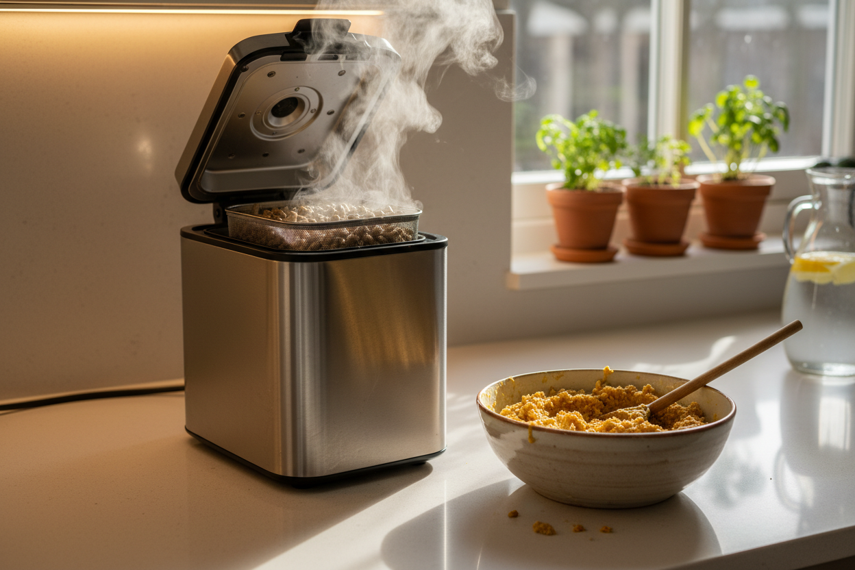 Ametza pellet rehydrator on kitchen counter with steam rising from open lid and bowl of finished mash beside it
