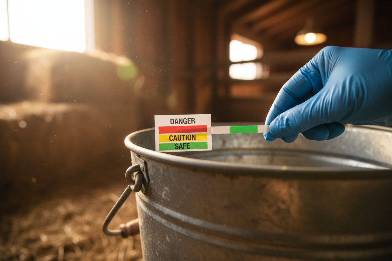 Gloved hand holding a green-result test strip next to color chart over an open feed bucket