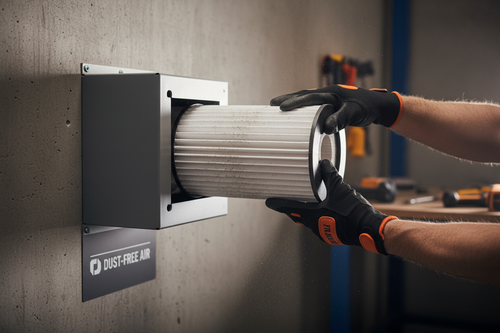 Gloved hands removing HEPA filter from wall-mounted dust extractor for cleaning