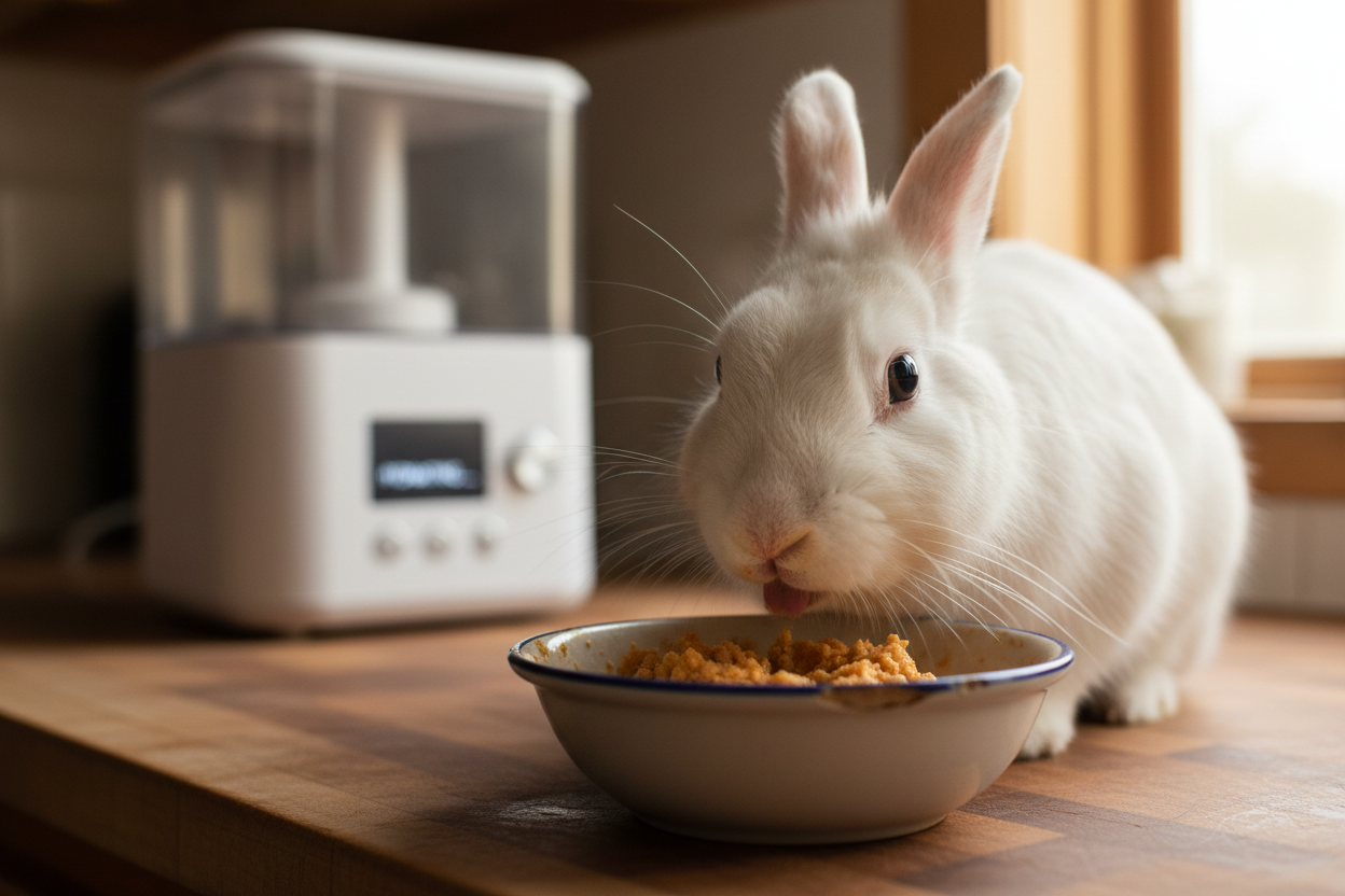 Senior rabbit eating soft mash from a small dish with rehydrator visible in blurred background