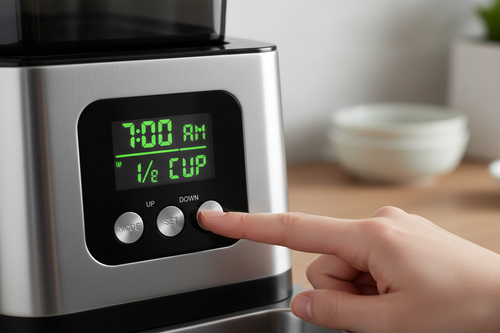 Close-up of digital timer display showing 7:00 AM 1/2 cup with finger pressing buttons
