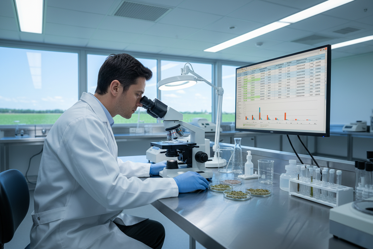 Laboratory technician in white coat examining pellet samples under microscope with nutritional analysis on screen