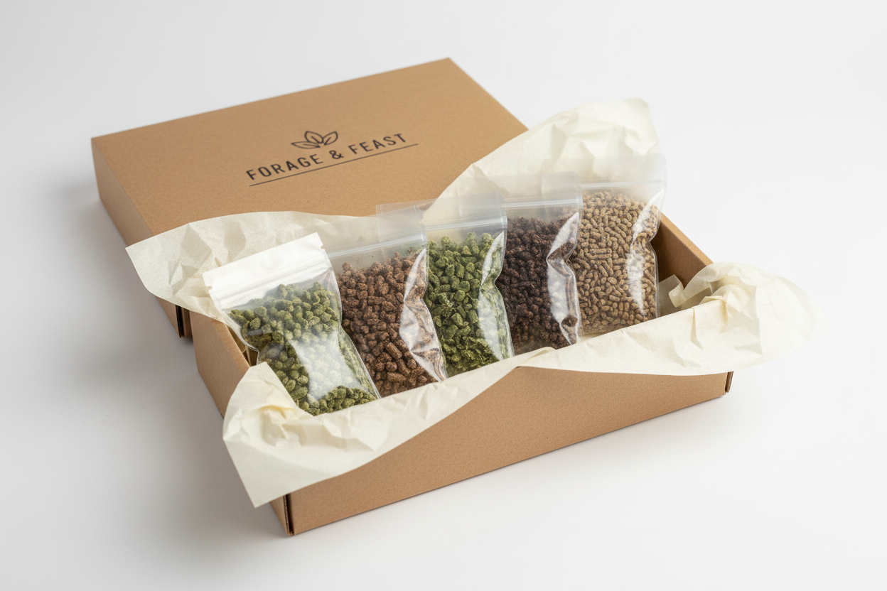 Five pellet sampler bags gift-presented in a branded Ametza box with tissue paper on white background