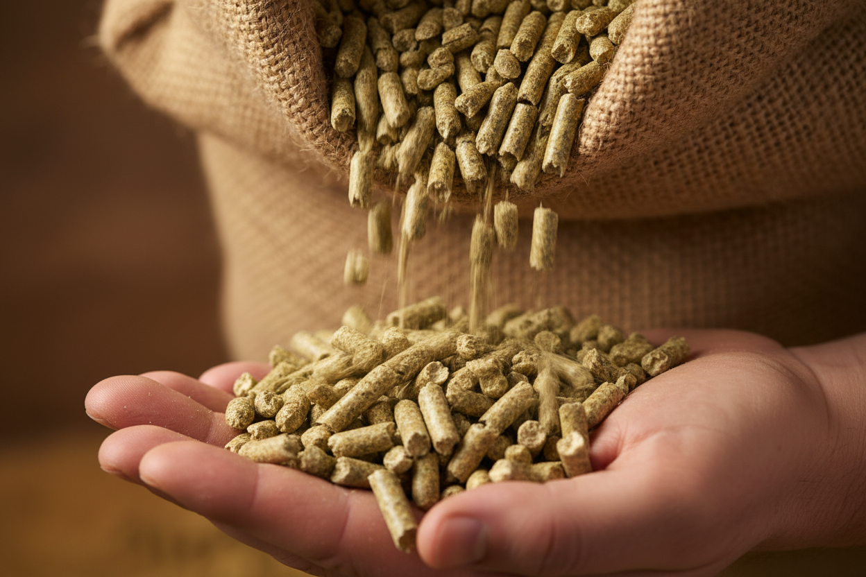 Close-up of Ametza alfalfa pellets being poured from bag into hand