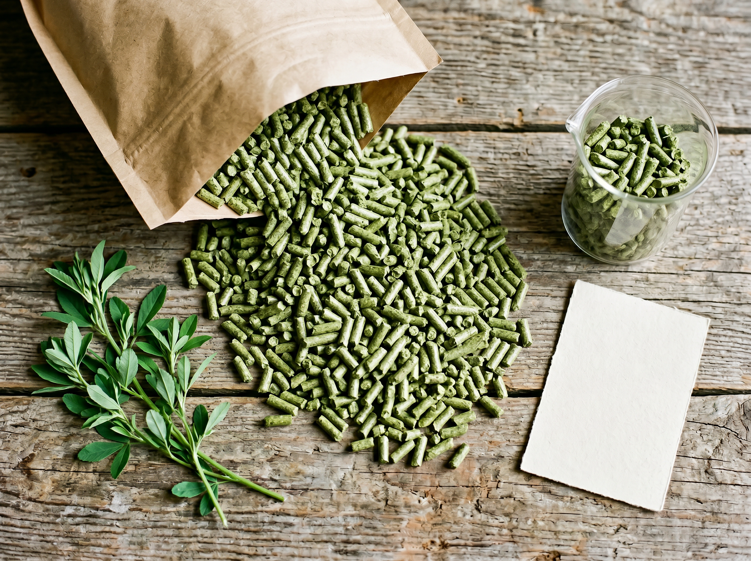 Ametza hay pellets spilling from kraft bag with fresh alfalfa sprig and lab beaker